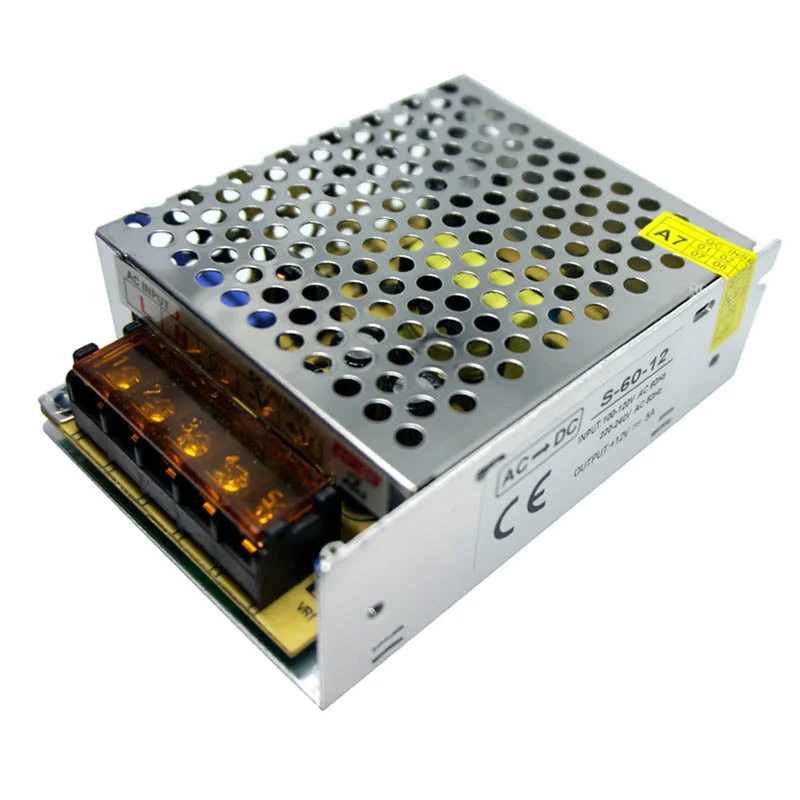 Compact aluminium alloy 12V power supply with screw terminals and built‑in cooling fan, 110 mm × 80 mm × 35 mm, IP20 rating.