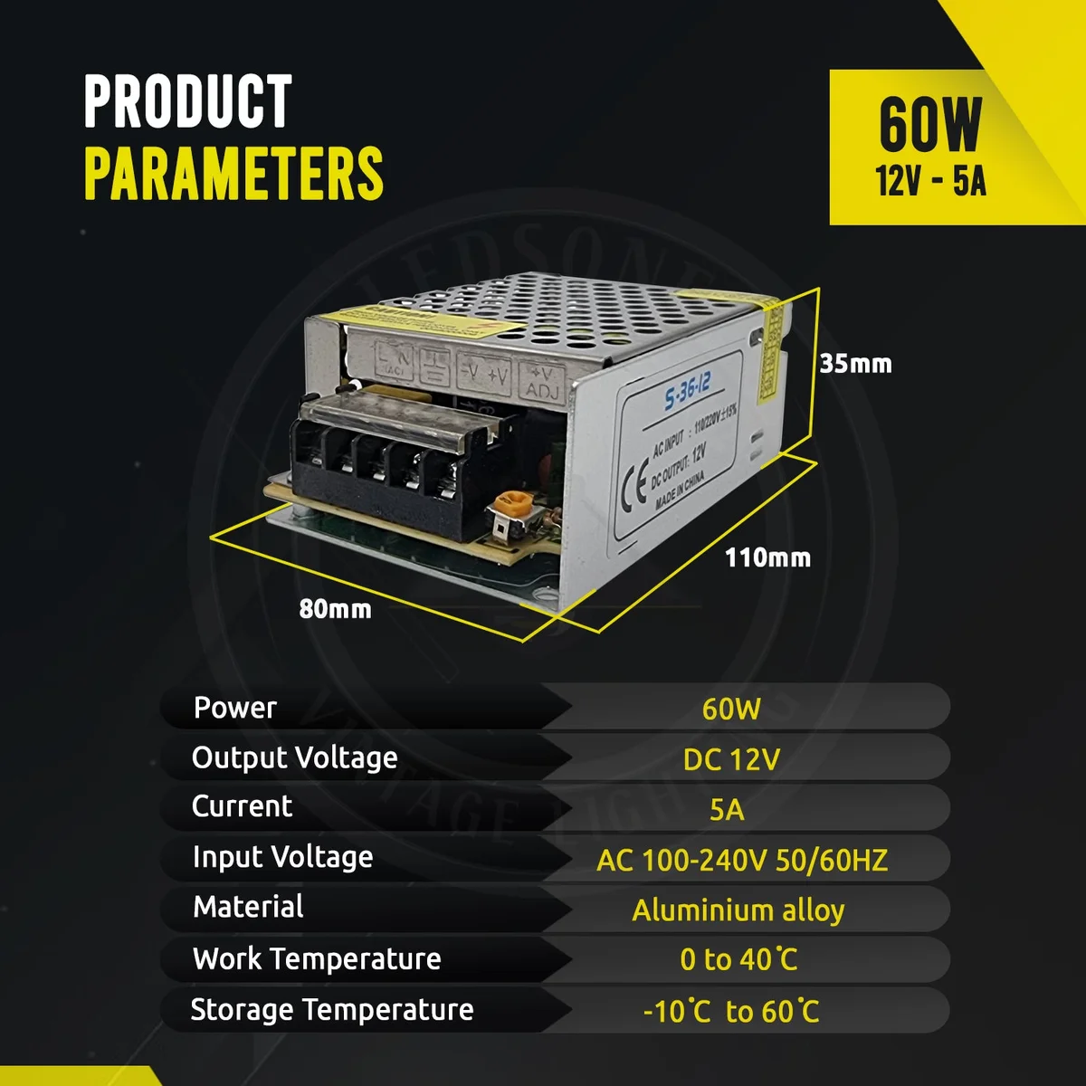 Compact aluminium alloy regulated switching power supply with screw terminals and built‑in cooling fan