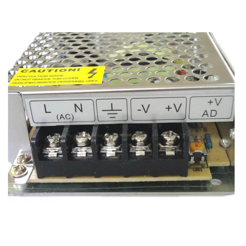 Compact aluminium alloy 12V power supply, Model 3342, 110×80×35 mm, with 3‑way screw terminals and a cooling fan.
