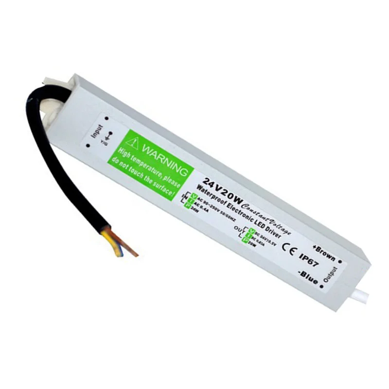 Aluminium alloy box housing waterproof LED transformer, rubber‑sealed cables, labeled 24V 20W, suitable for indoor/outdoor use.