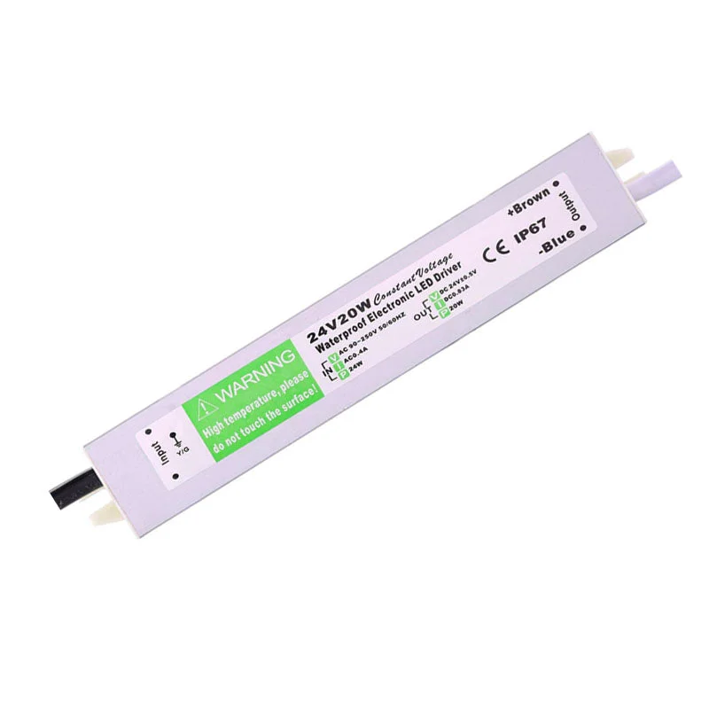 Aluminum alloy LED driver transformer 24V 20W IP67 waterproof, constant voltage output 0.83A, labeled DC24V.