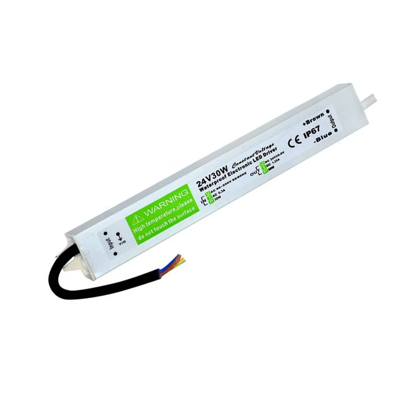 Rectangular IP67 DC24V LED driver with 30W output, white housing, labeled power port, for outdoor LED lighting