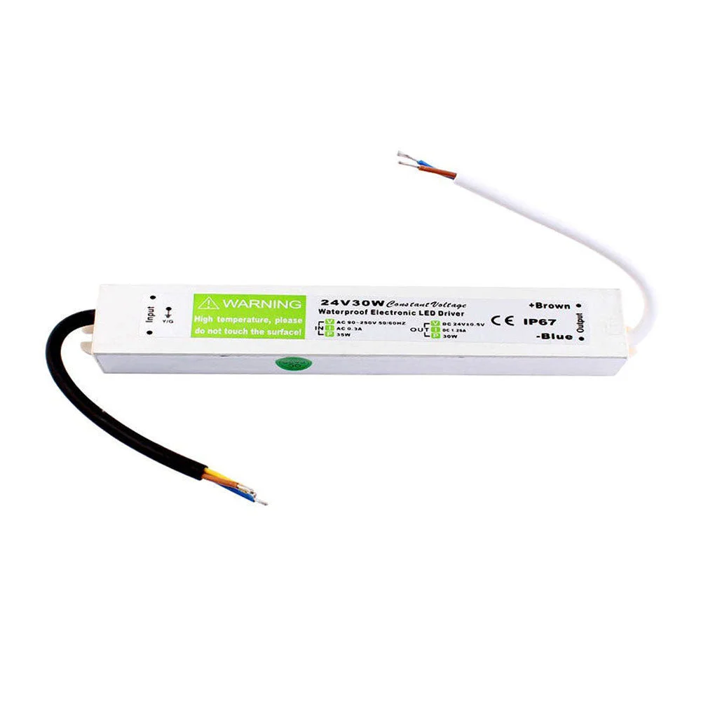 Compact white LED driver power supply with labeling and wire connections, featuring 24V constant voltage output.