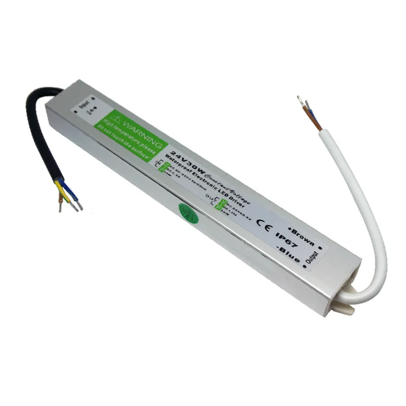 Compact rectangular LED driver power supply with white plastic casing, metal mounting holes, and a cable output connector.