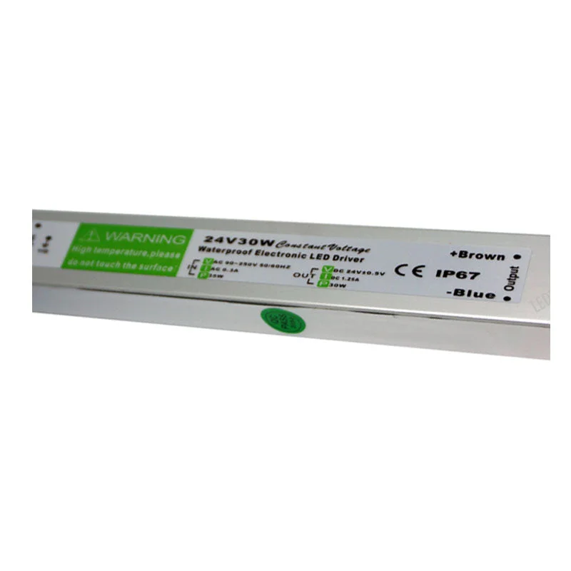 Black IP67 LED driver with labels, showing DC 24V output and 30W rating, waterproof seal, CE and RoHS certificates.