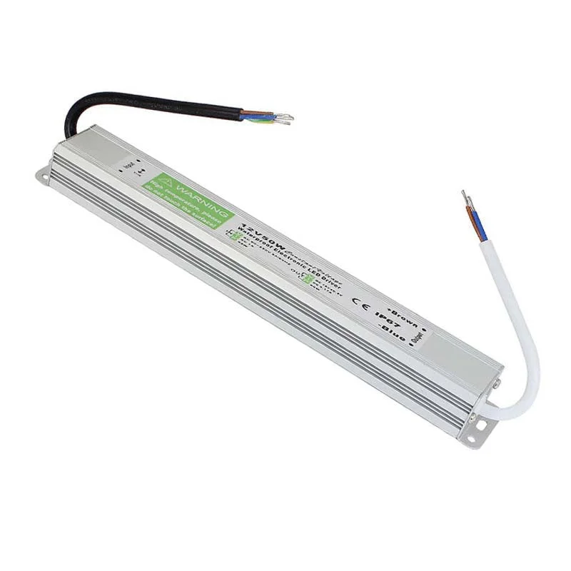 Aluminium alloy 12v DC power supply, compact rectangular unit with rubber‑sealed cable and IP67 waterproof rating.