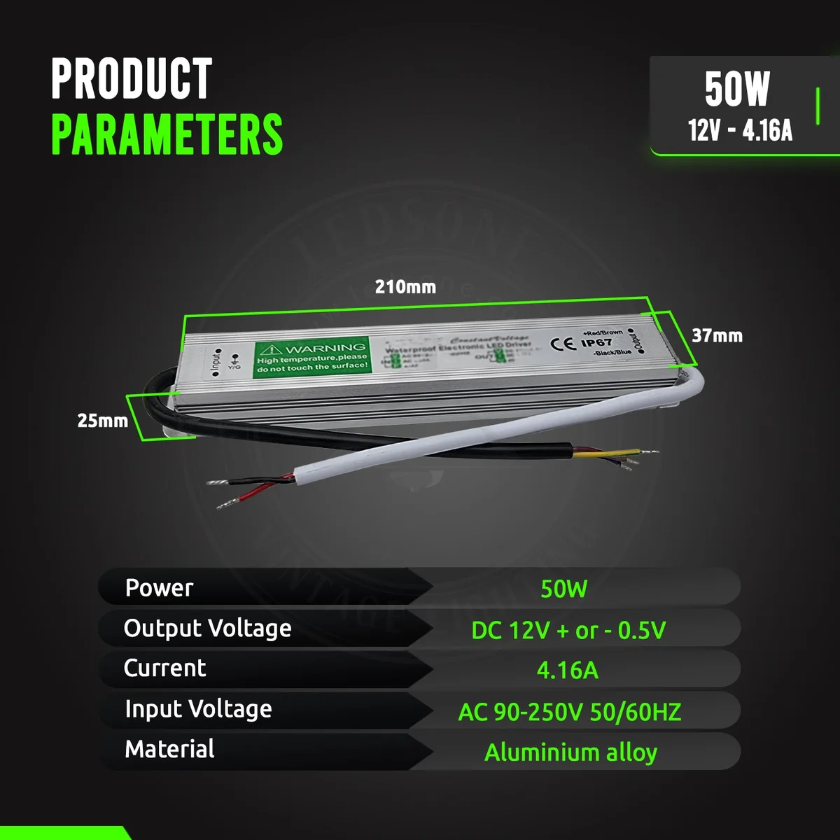 IP67 waterproof power supply in aluminum alloy enclosure with rubber‑sealed cable ports, labeled 12V 50W.