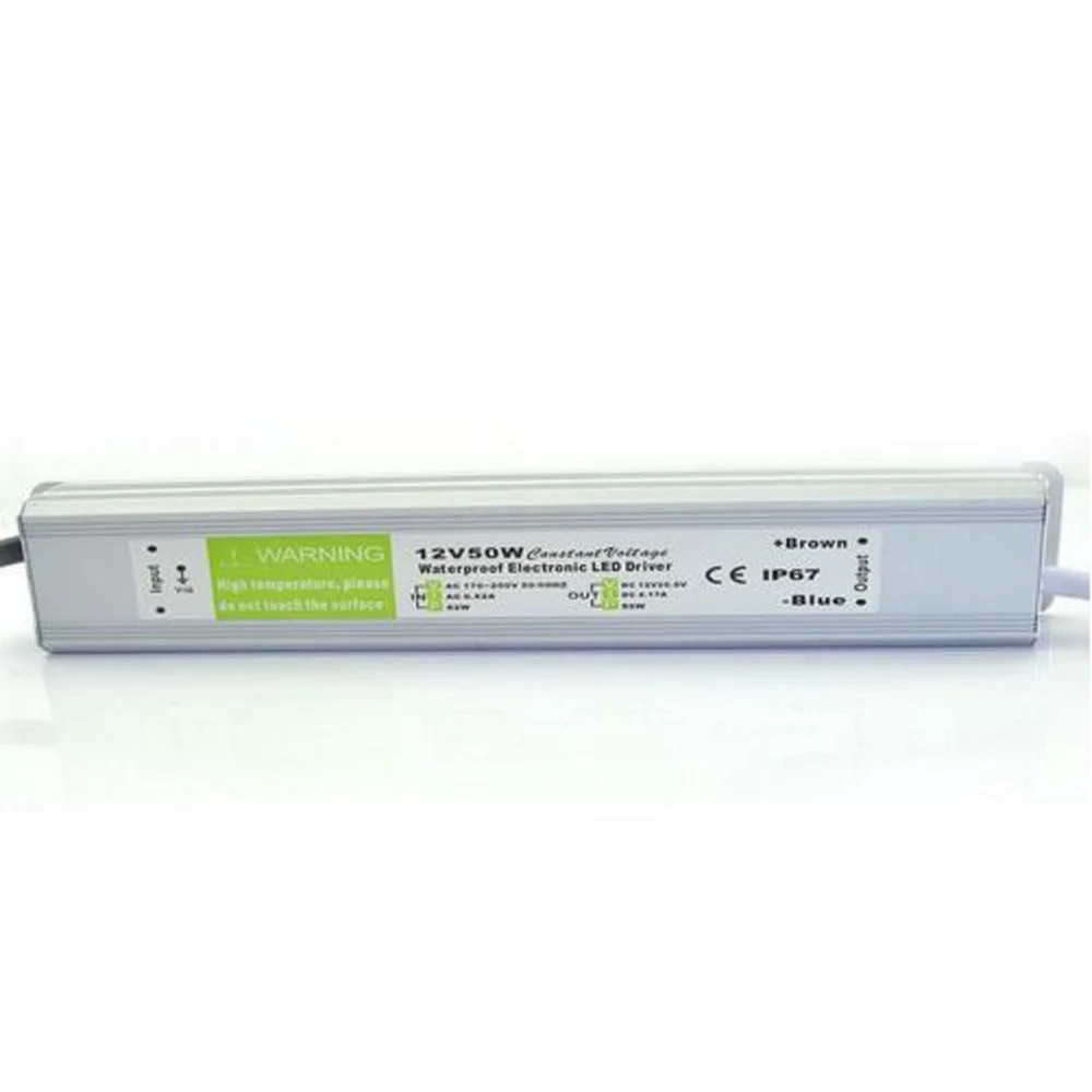 Aluminium‑alloy LED driver transformer with rubber‑sealed cables, labelled 12v DC power supply, 50W, IP67 rating.