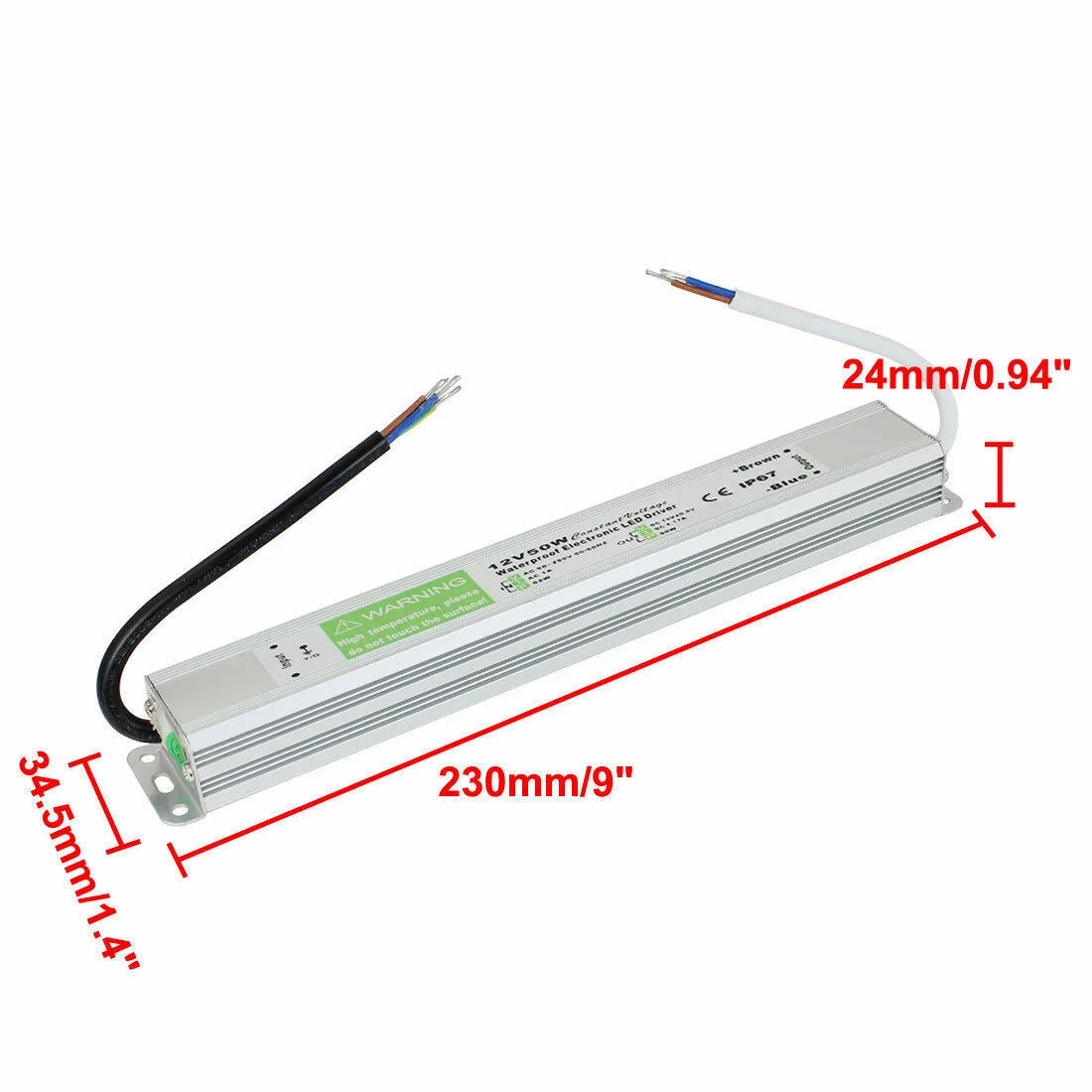 Aluminium alloy LED driver in IP67 waterproof casing, 12V DC power supply with dual output and 50W capacity.
