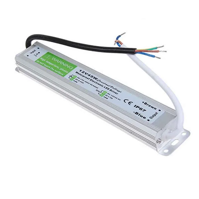 Compact 12V LED driver transformer in aluminium enclosure with rubber sealed cable, IP67 rating, labelled 45W output.