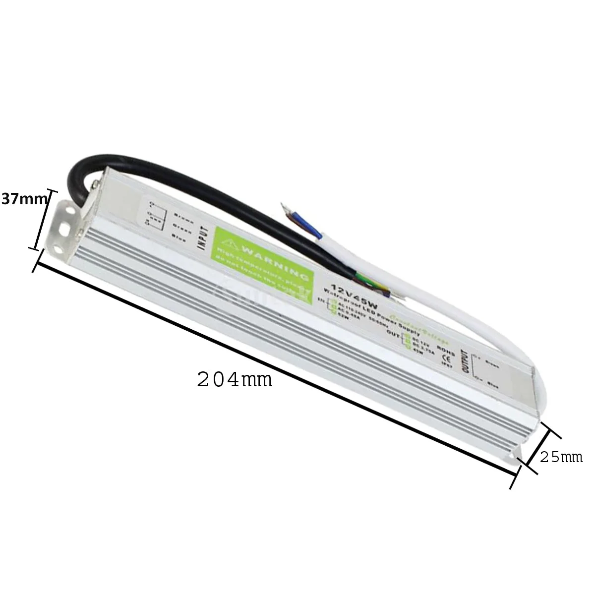 12V LED driver transformer in aluminum alloy box, 210mm long, with two cable connectors, labeled 45W and IP67.