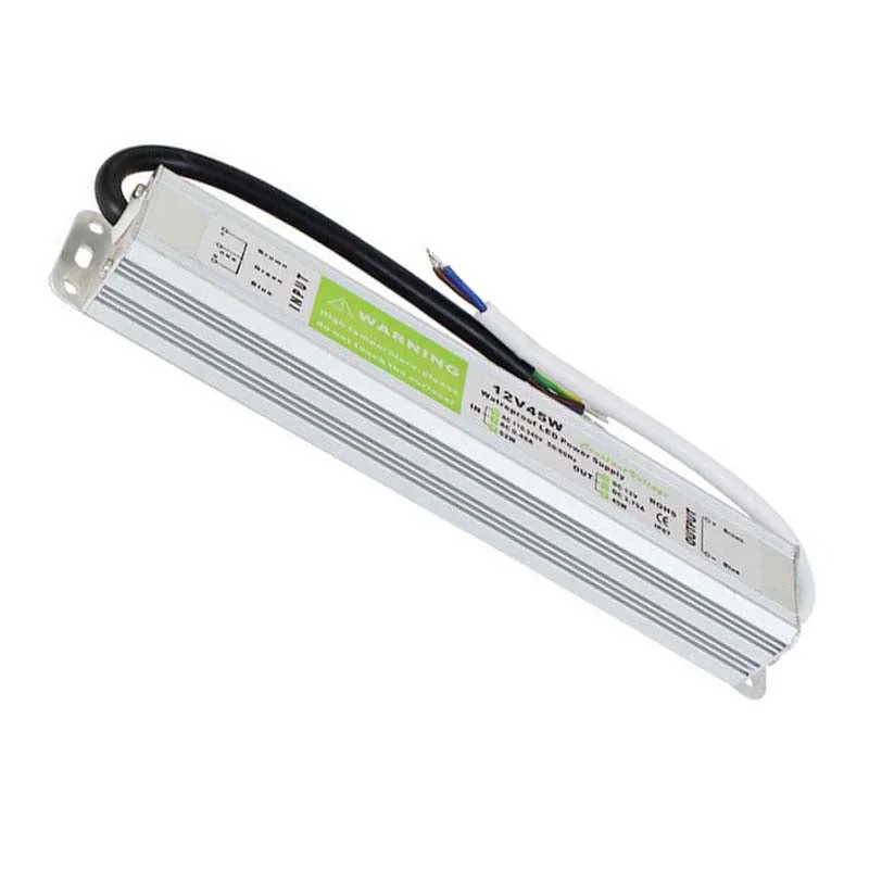 Aluminum alloy 12V LED driver transformer, 45W, IP67, rectangular casing, AC 90‑250V input, DC 12V output
