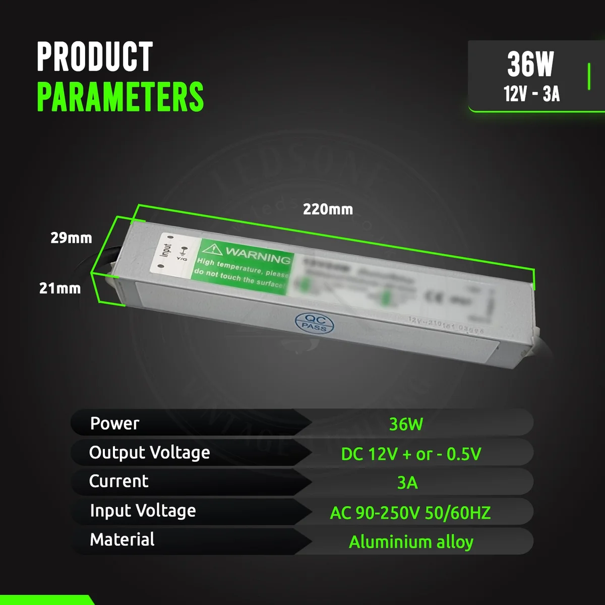 Compact aluminium alloy waterproof LED driver, IP67 rating, 12V 36W, slim 20mm high.