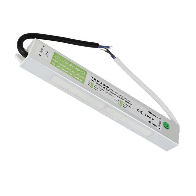 IP67 LED transformer – slim 12V 36W aluminium alloy case, 20mm height, rubber‑sealed cable, suited for outdoor lighting