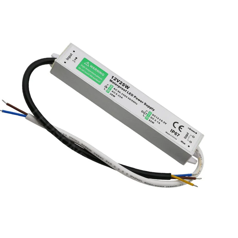 12V DC LED driver in aluminum casing with rubber‑sealed input/output cables, IP67 waterproof rating