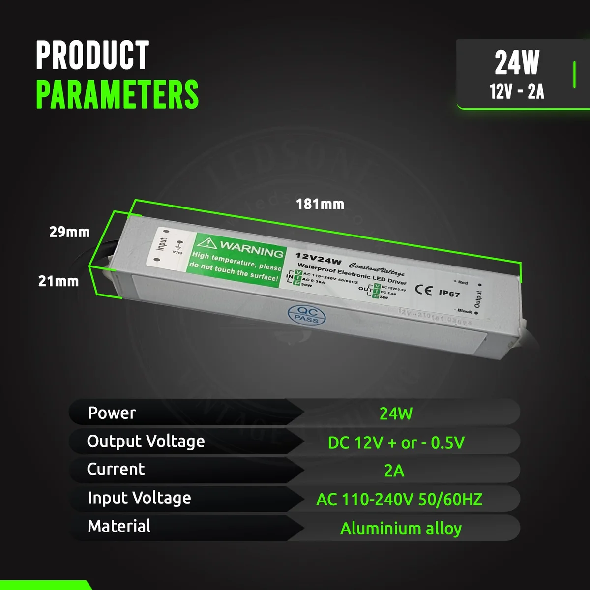 Aluminum waterproof LED transformer with rubber‑sealed cable, IP67 rating, rectangular casing and power cord