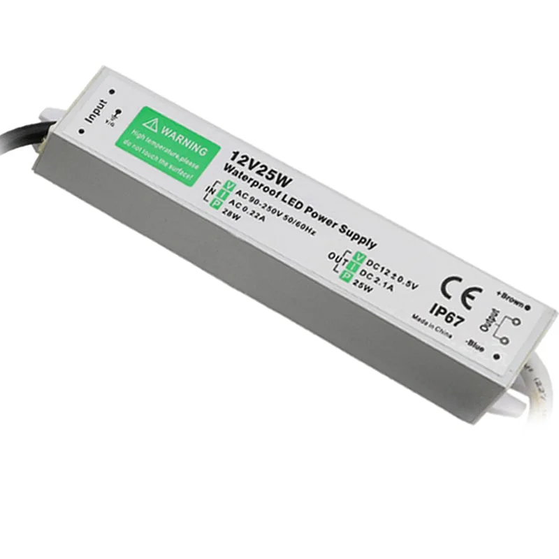 Aluminium 12V DC LED driver transformer, 24W, IP67 waterproof, black case with white label, rubber‑sealed cable.