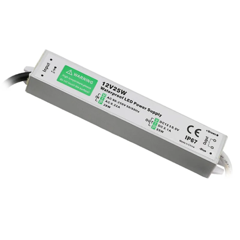 Compact aluminum alloy 12V DC LED driver with rounded case and rubber‑sealed cable, showing label with 12V and 24W