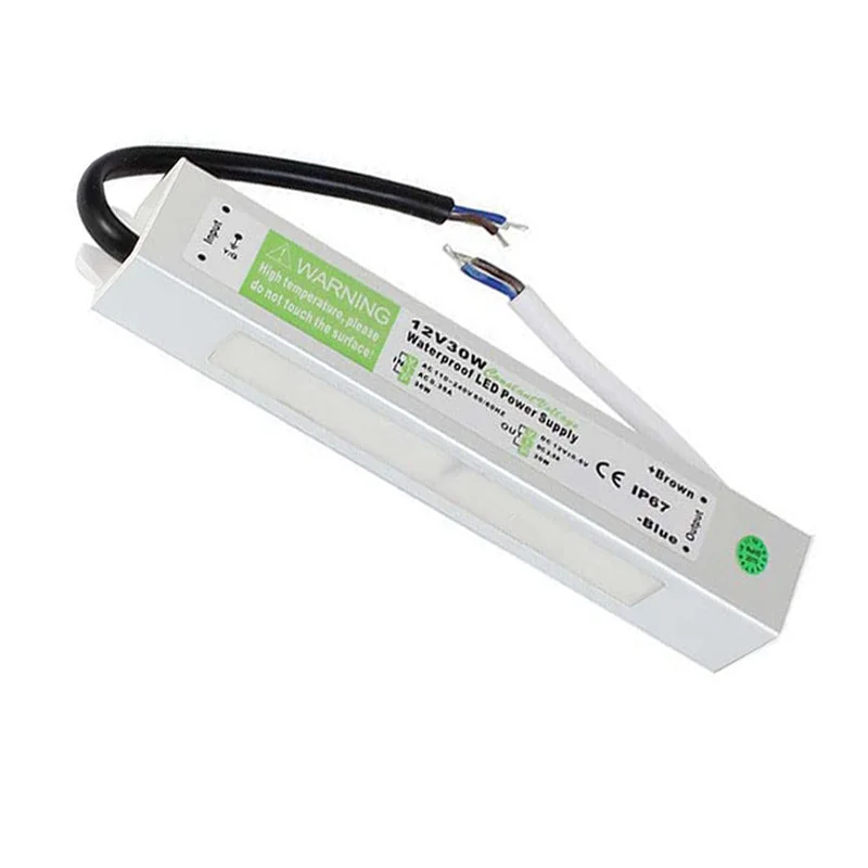 Aluminium 12V LED driver, 2‑way input selector, rubber‑sealed cables, IP67 waterproof rating, casing protects against shocks