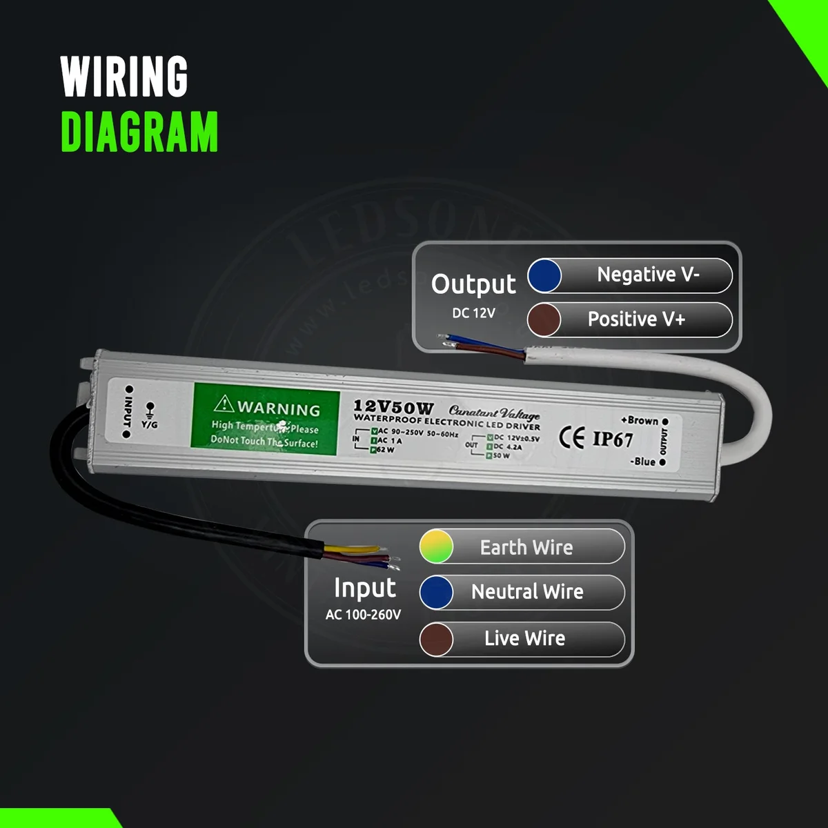 IP67 LED transformer in matte aluminium case with rubber‑sealed cables and black connector ports