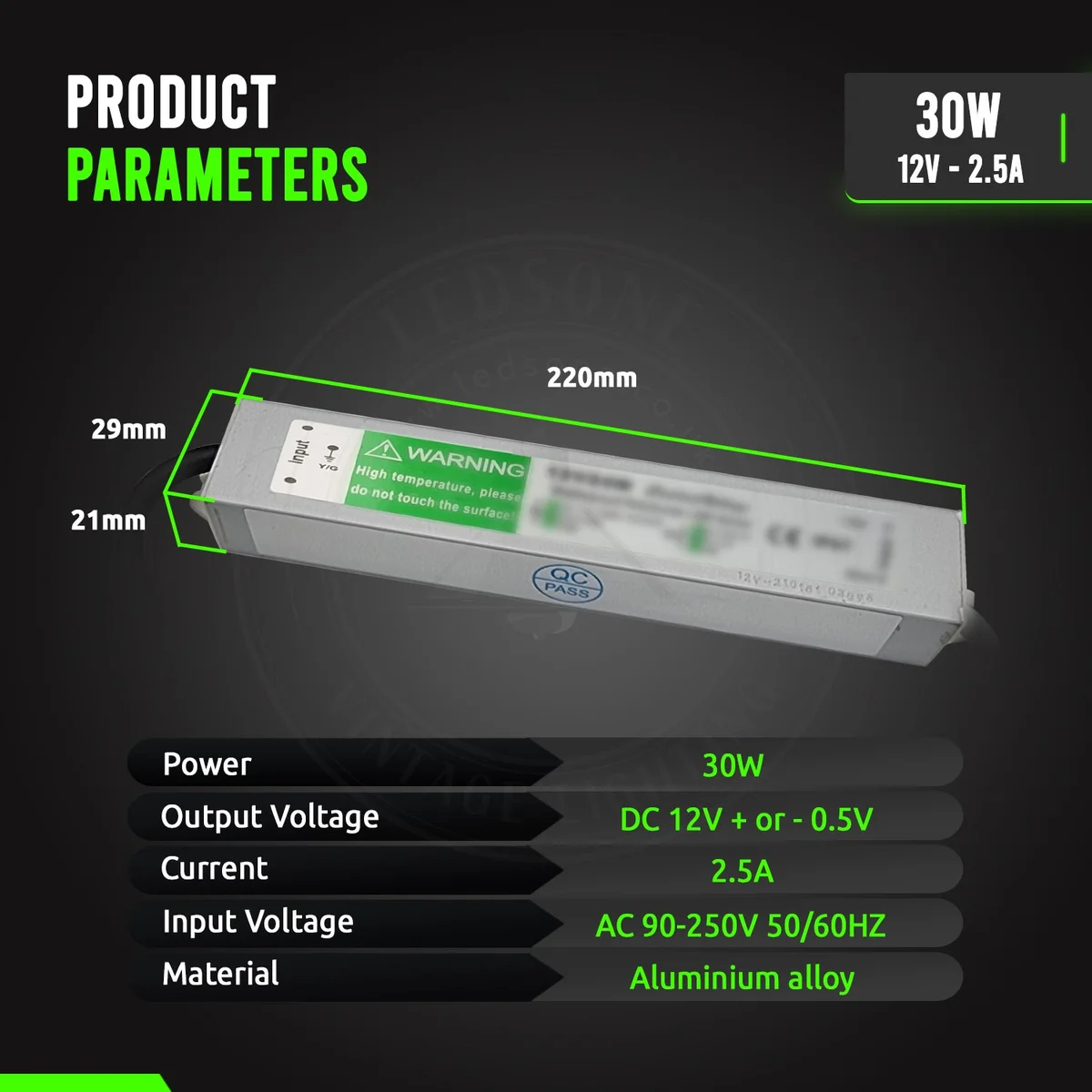 Aluminium alloy DC 12V LED driver transformer with IP67 waterproof rating, green PCB inside, dimly lit.