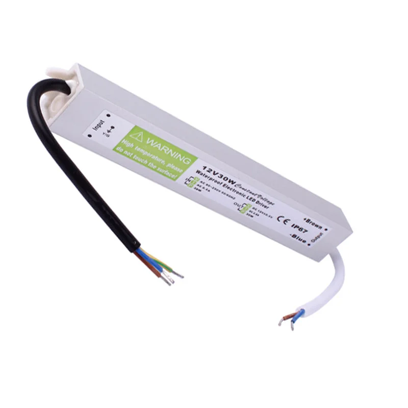 Aluminium alloy 12V LED driver, 30W, IP67 waterproof casing with rubber‑sealed cables, rectangular transformer.