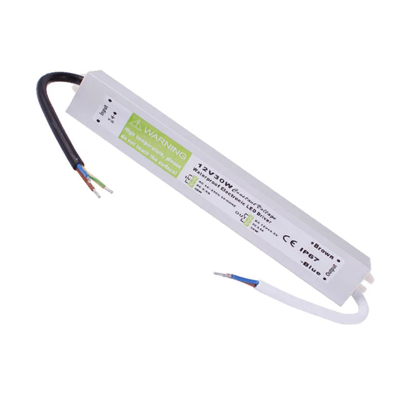 Aluminium alloy 12V LED driver transformer in a sleek black case, with AC input, two DC outputs, and rubber seal, IP67 rating