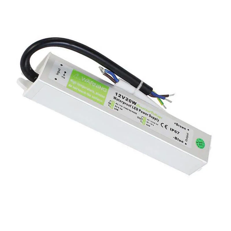 12V LED driver transformer in a rugged aluminum alloy housing, IP67 waterproof, slim 21mm deep.