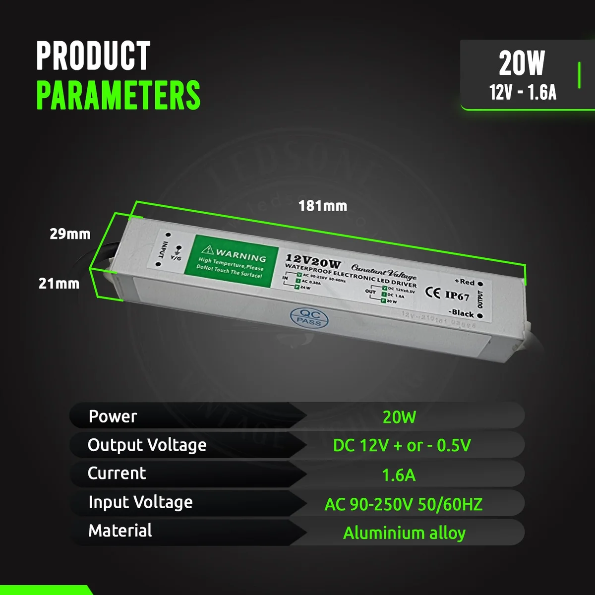 Side view of compact aluminium alloy waterproof LED transformer, 12V 20W, 21mm slim depth, IP67 rated.