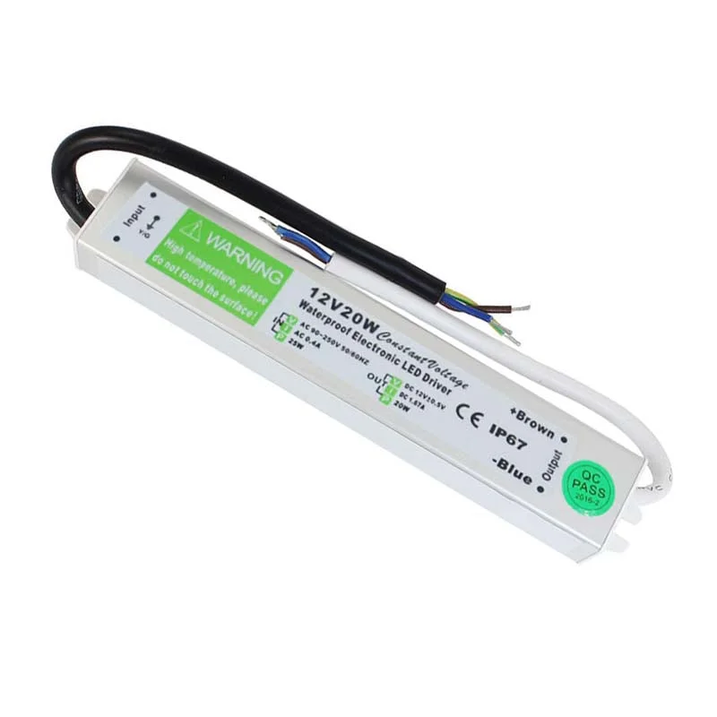Rugged 12V LED driver transformer, IP67 waterproof, slim aluminium casing, 20W, 1x1.67A output