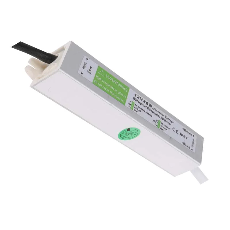 Compact 12V LED driver transformer with aluminium housing, IP67 waterproof, 20W output, 21mm depth, single compact unit.