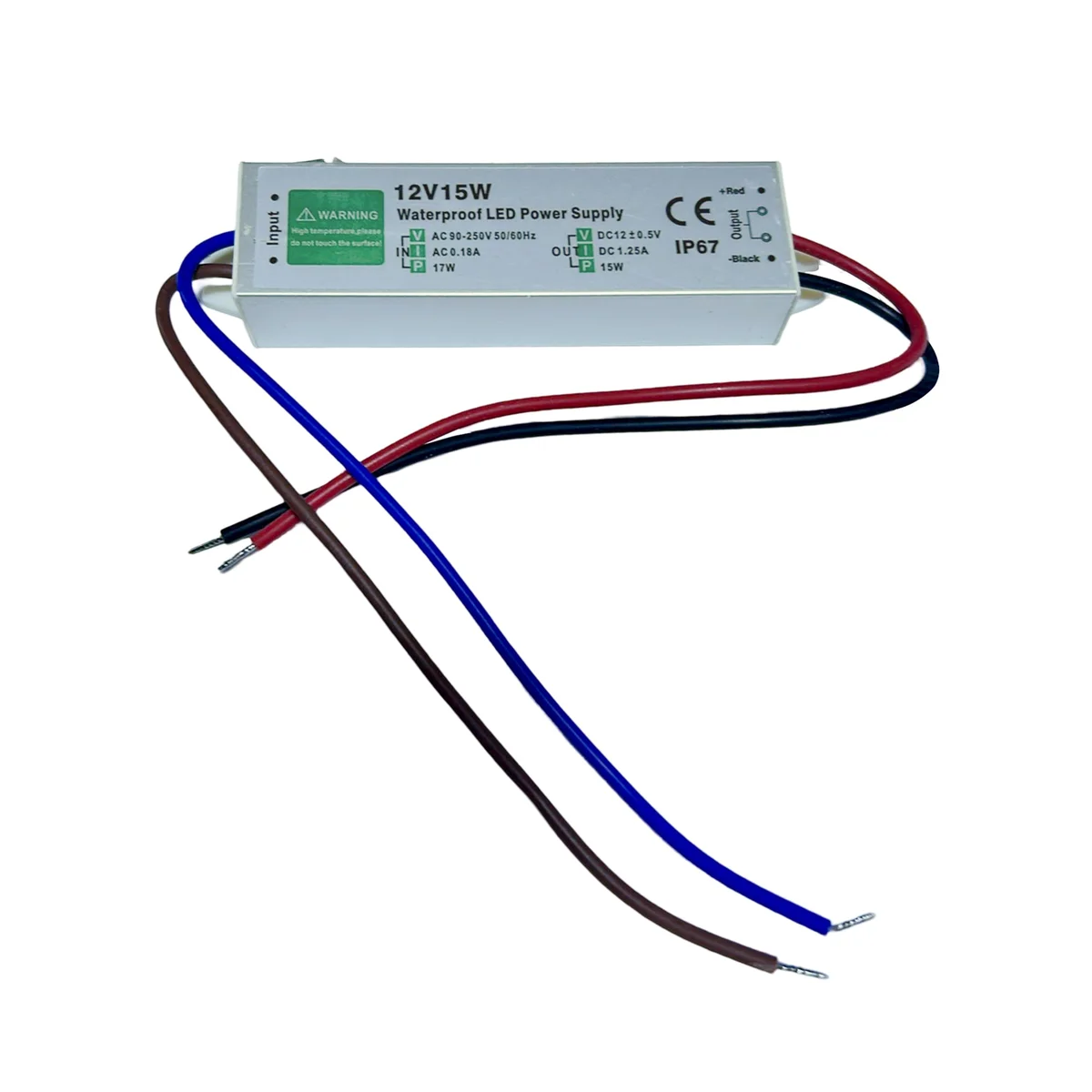 Waterproof 12V LED driver in aluminum alloy enclosure with rubber‑sealed cables, 15W output, labeled IP67.