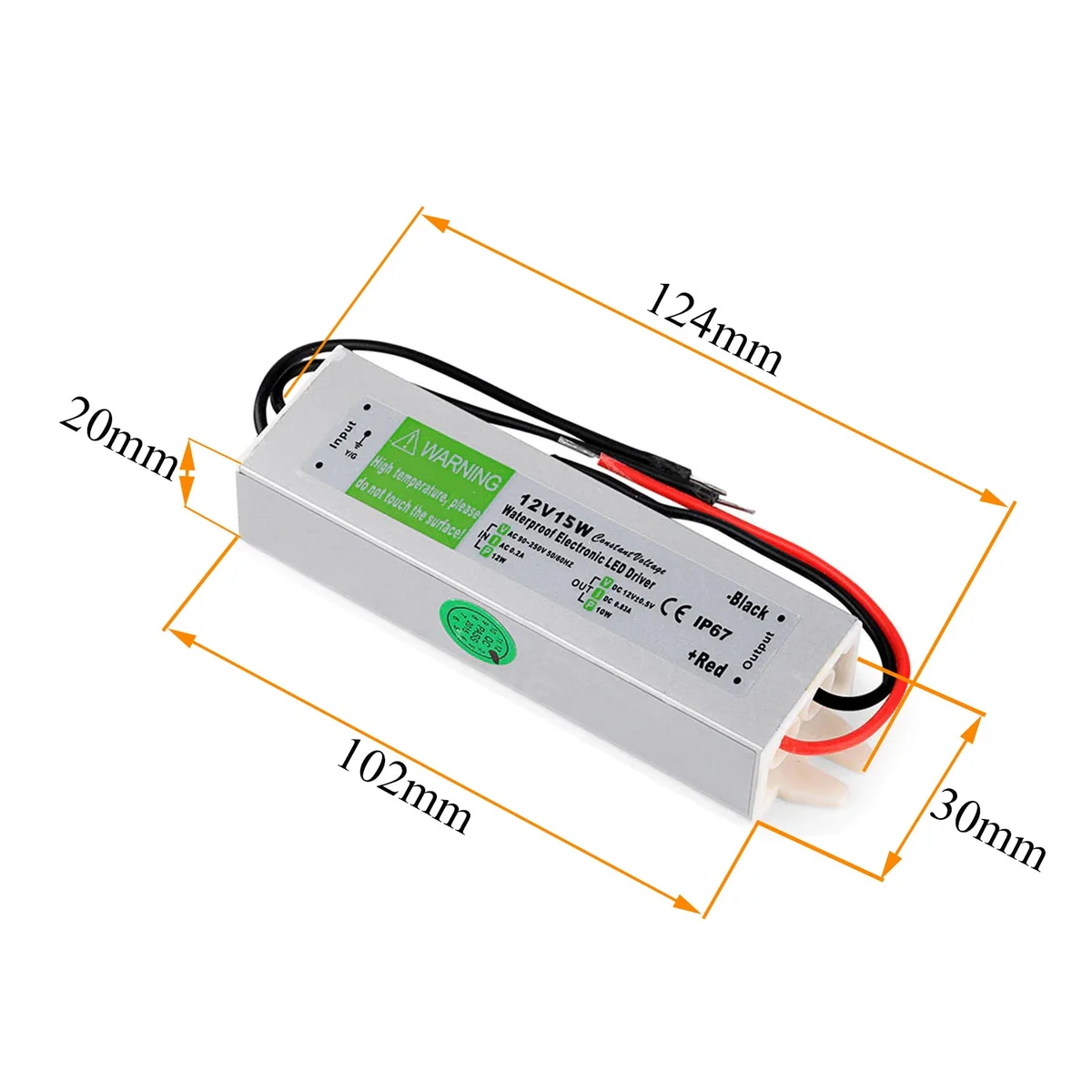 IP67 LED power supply in matte aluminium alloy case with rubber‑sealed cables and visible screw holes.