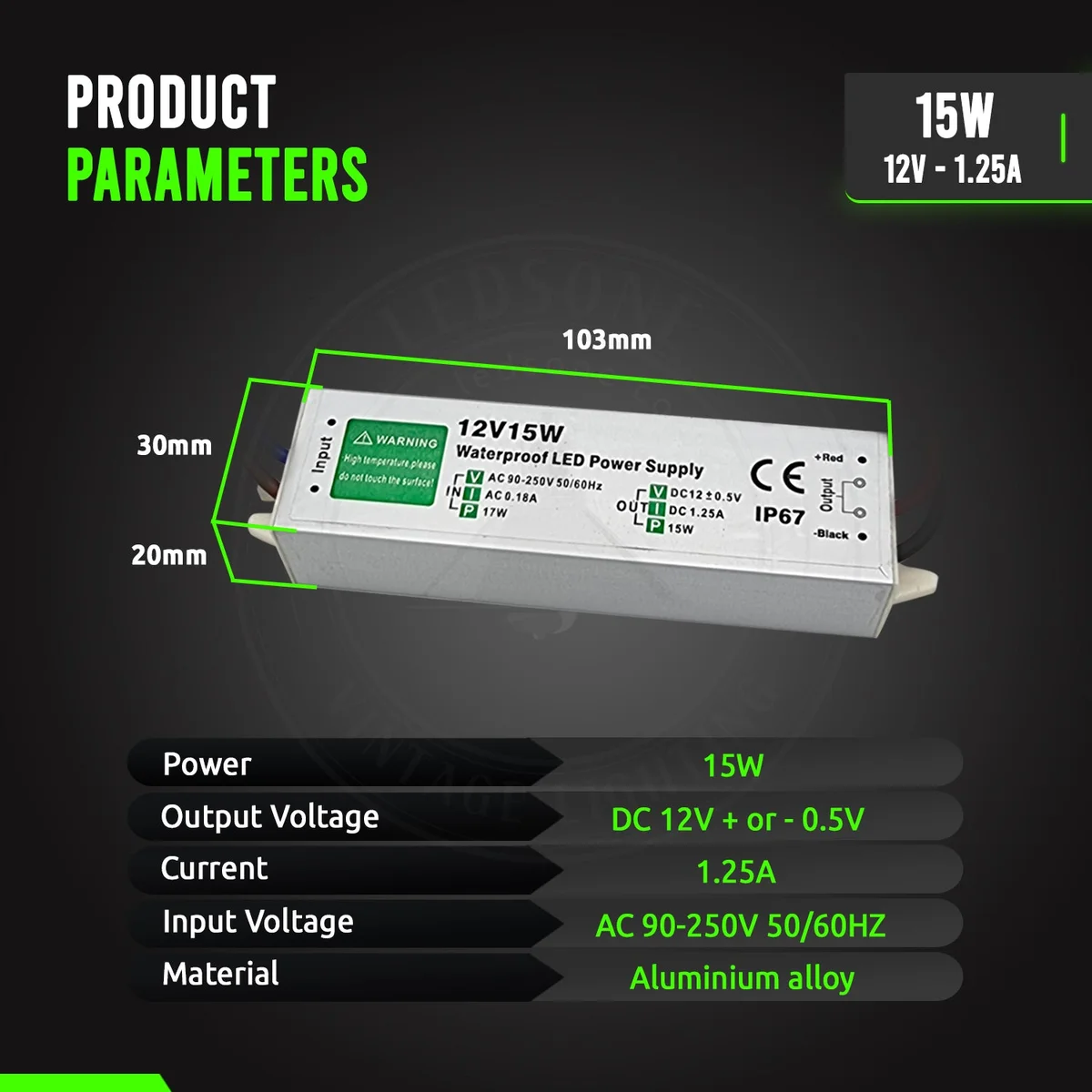 12V 15W LED transformer in aluminium alloy housing with black wires and switch, labelled CE/RoHS, IP67 waterproof enclosure