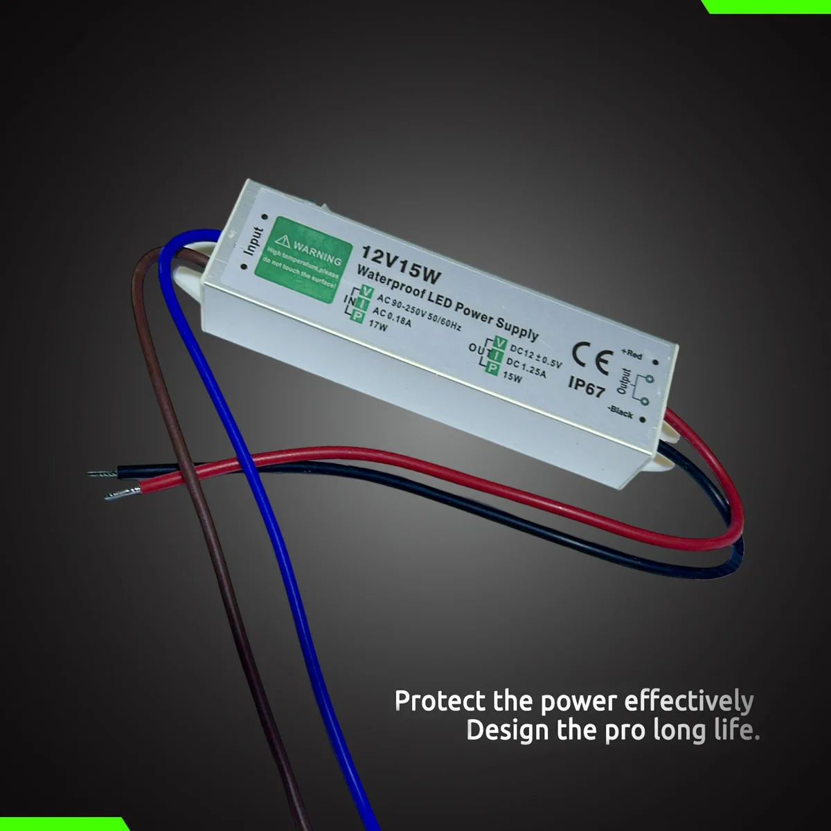 Aluminium alloy waterproof LED driver, 12V 15W, IP67 rating, black box with rubber‑sealed cables and front label