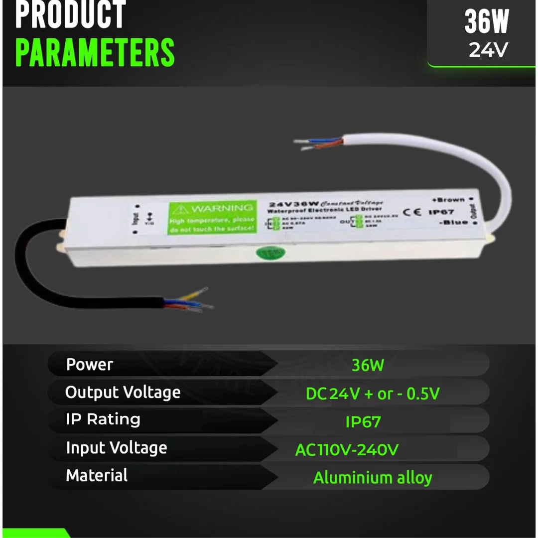 Compact black power supply unit labeled IP67 LED transformer with input and output ports.