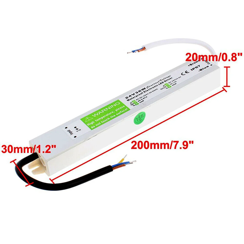 White plastic power supply transformer labeled 110V‑240V input, 24V constant voltage LED driver, IP67, CE & RoHS certified.