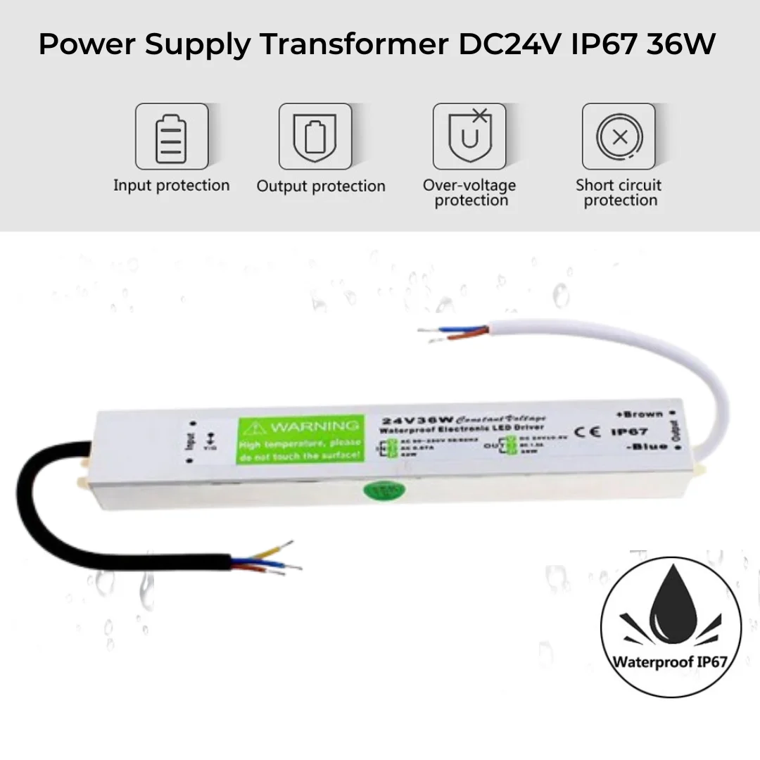 Rectangular transformer labelled DC24V IP67 36W, a 24V LED power supply