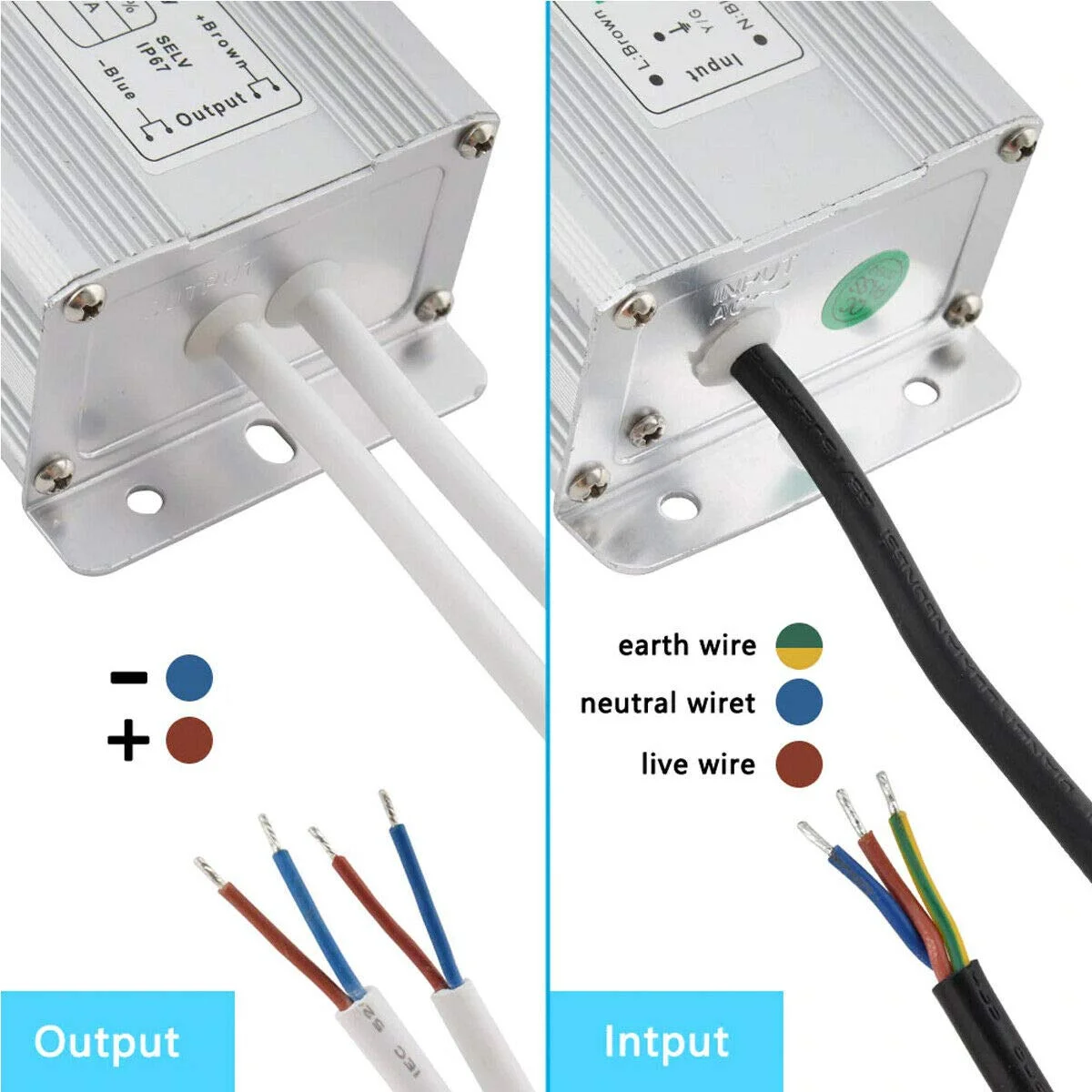 Compact DC‑24V regulated switching power supply, shiny black housing, IP67 rating, cable outlet visible.