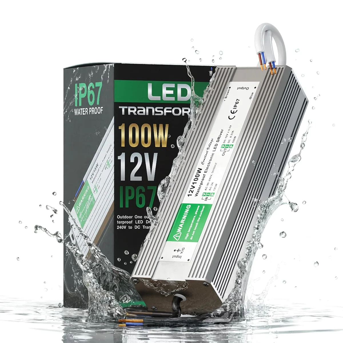 12V waterproof LED driver in aluminium alloy casing with rubber‑sealed leads, rated 100W, IP67 rating