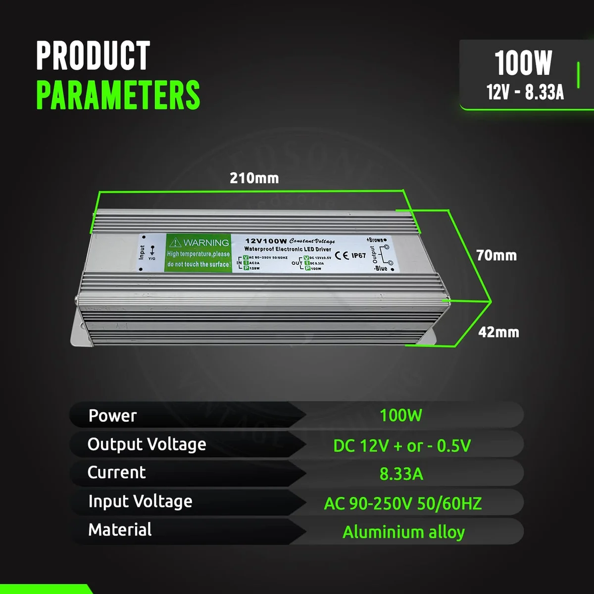 Compact aluminum alloy casing of a 100W LED power supply, IP67 waterproof rating, 12V DC output