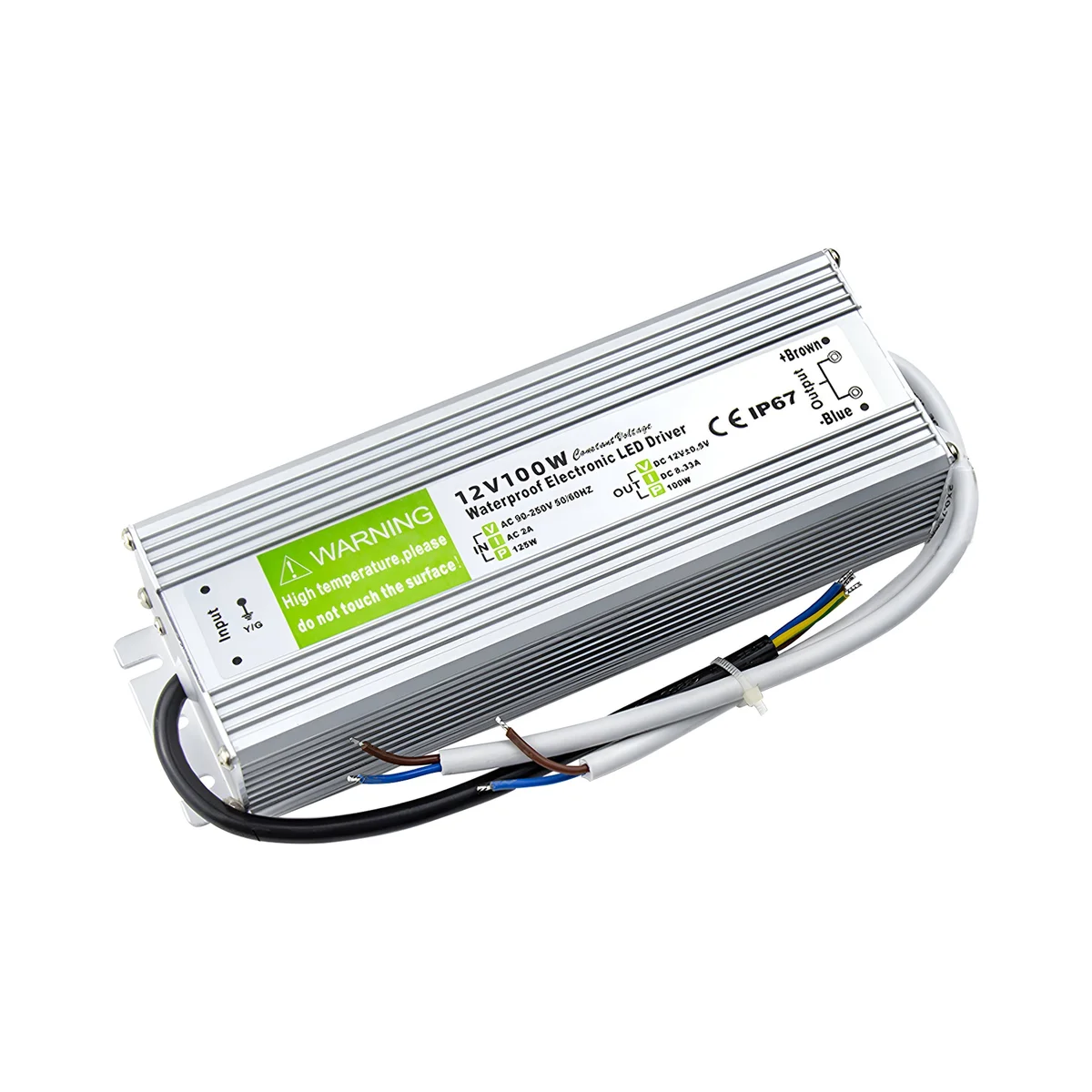 12V waterproof LED driver in aluminum alloy enclosure with rubber‑sealed cables, labeled 100W, IP67 rating.