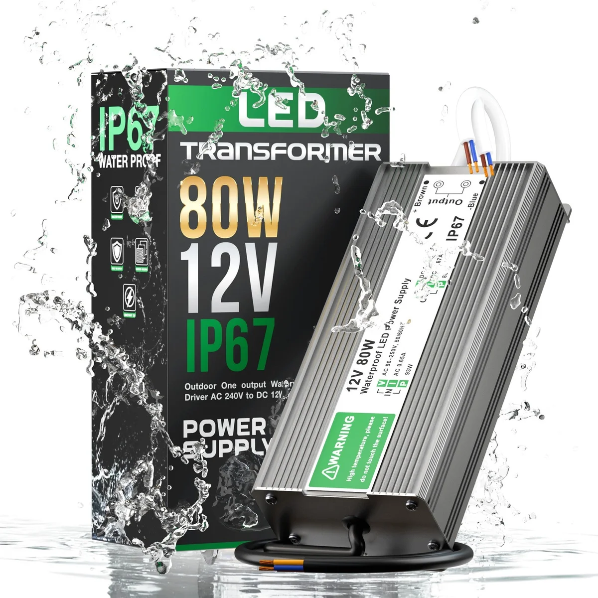 12V waterproof LED driver with aluminium housing, rubber sealed cable, input AC 90‑250V, output 12V.
