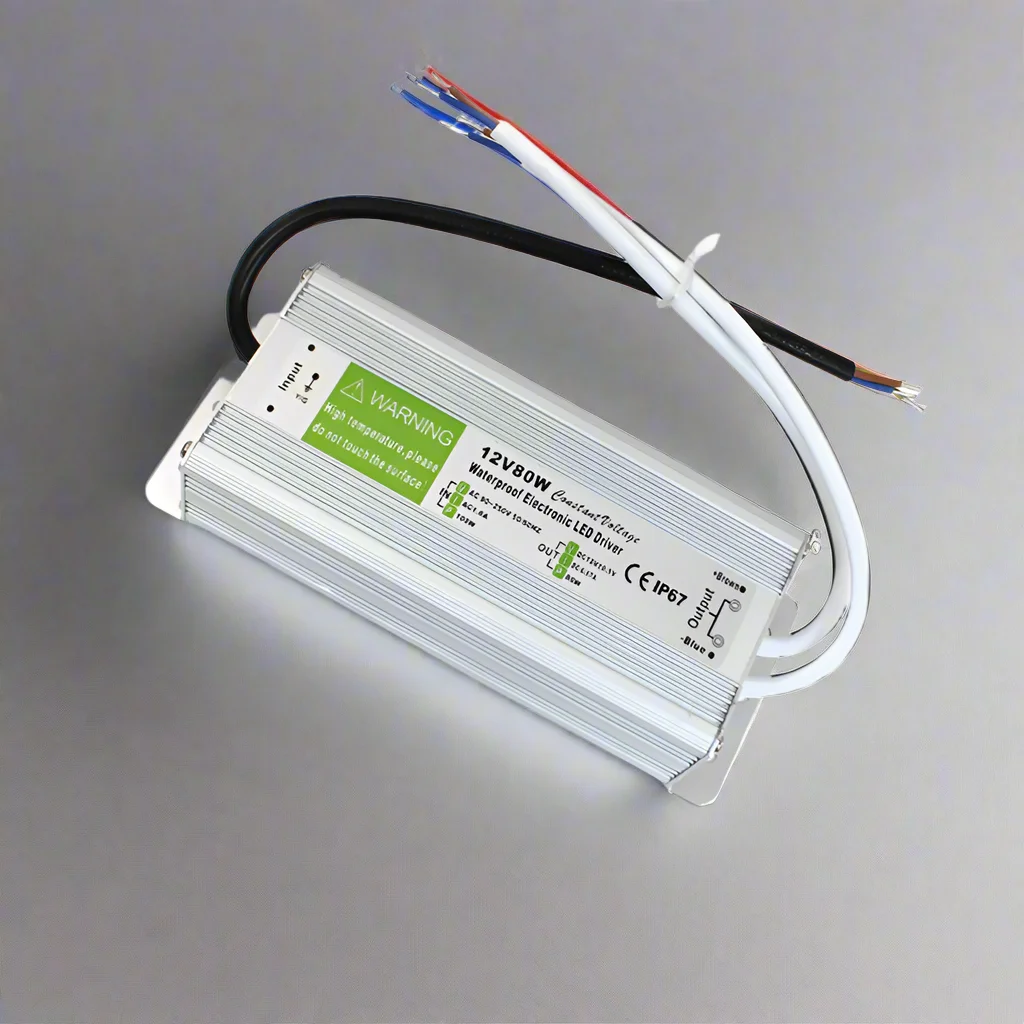 Aluminium alloy, 80W, 12V IP67 LED power supply, rectangular case with label.