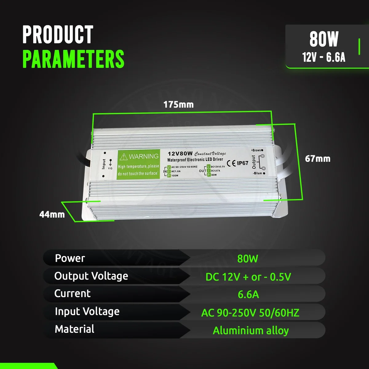 Compact aluminium dark metal 80W LED driver transformer, IP67 waterproof, threaded cable ends.