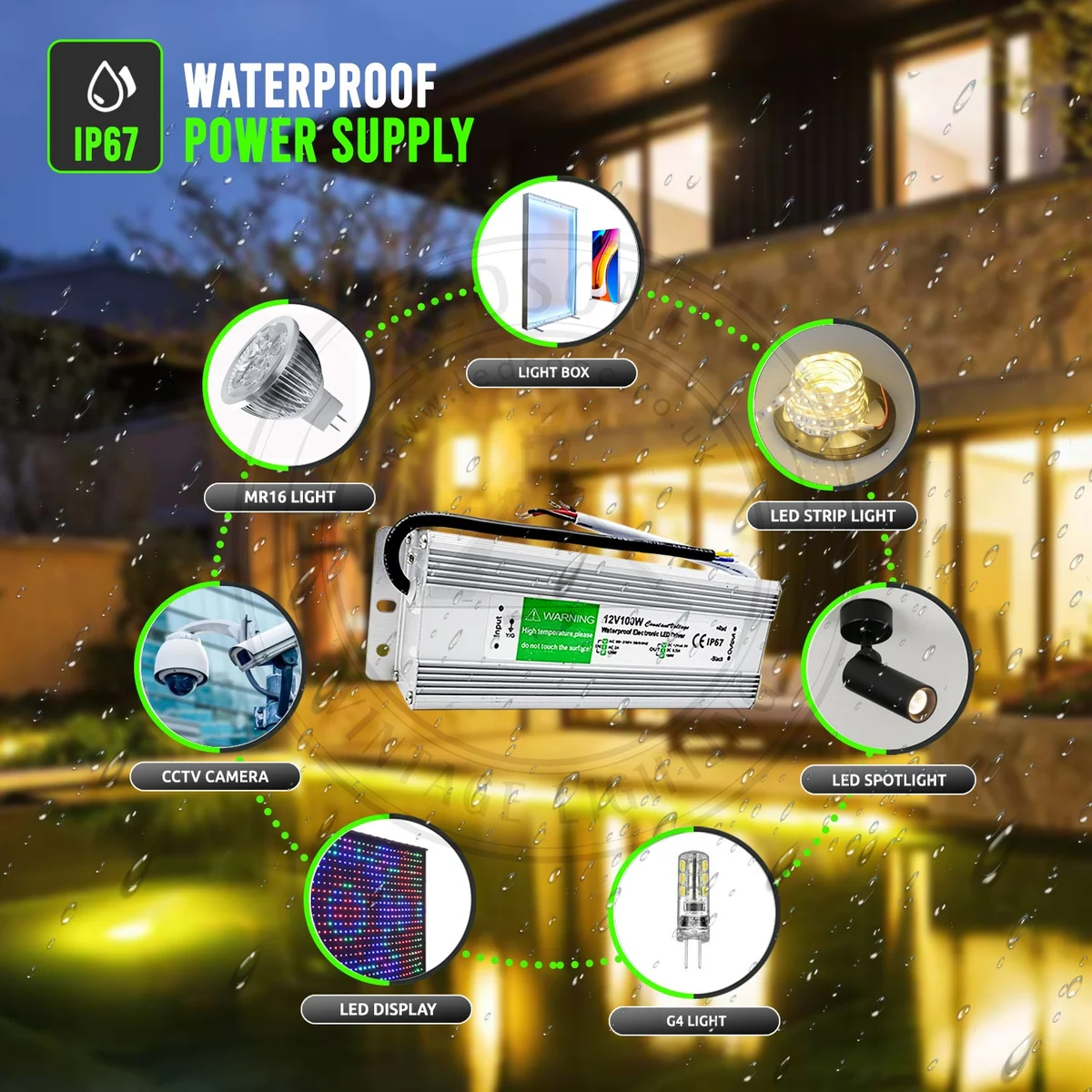 12V waterproof LED driver in aluminium casing with rubber seals for outdoor use.
