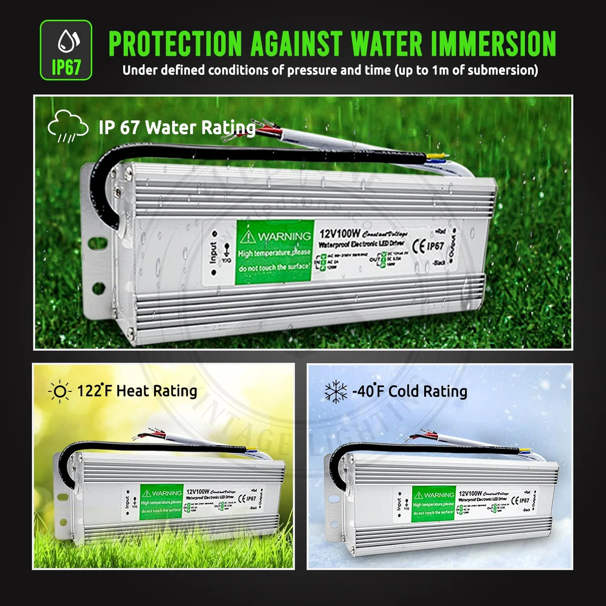 12V waterproof LED driver in aluminium alloy housing, rubber‑sealed cables, IP67 rating, 175×67×44 mm.