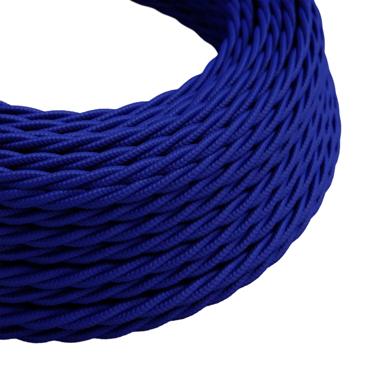 Dark blue 3 core twisted electric cable with textured fabric finish, showing woven strands.