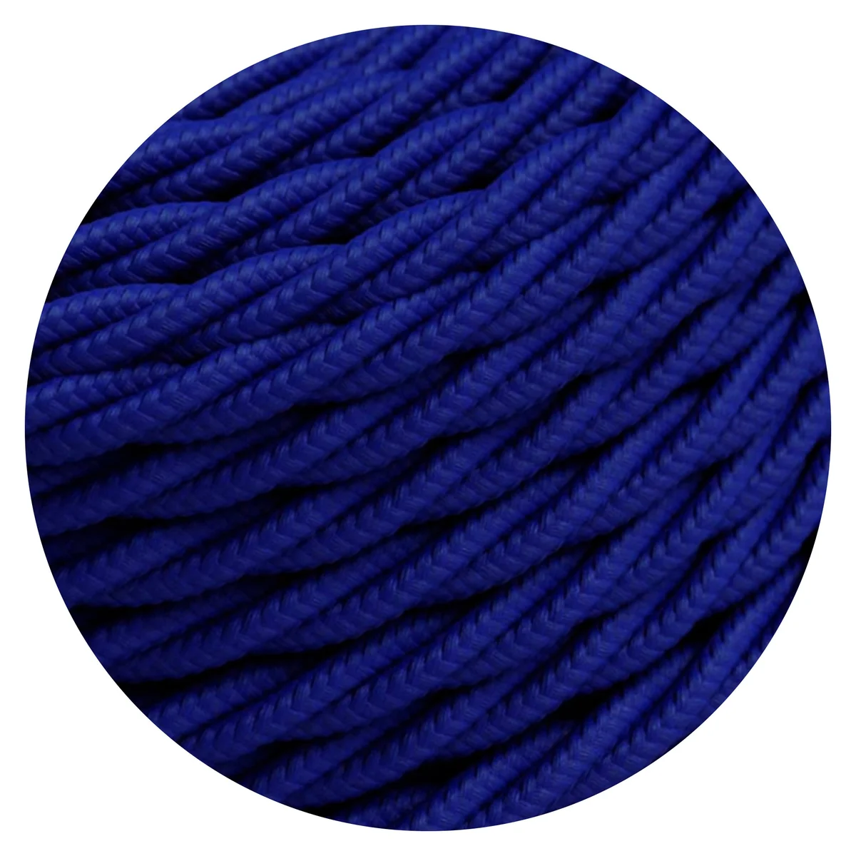Dark blue 3‑core twisted cable with fabric wrap, showing a flexible vintage fabric cable