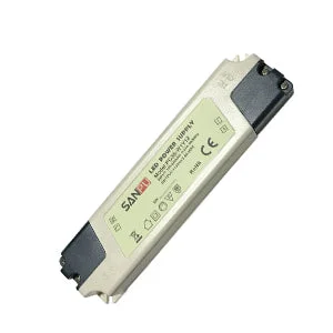 Compact white plastic 12V LED driver power supply with screw terminals, IP44 rating, labeled 12V DC 35W, mounted on a wall.